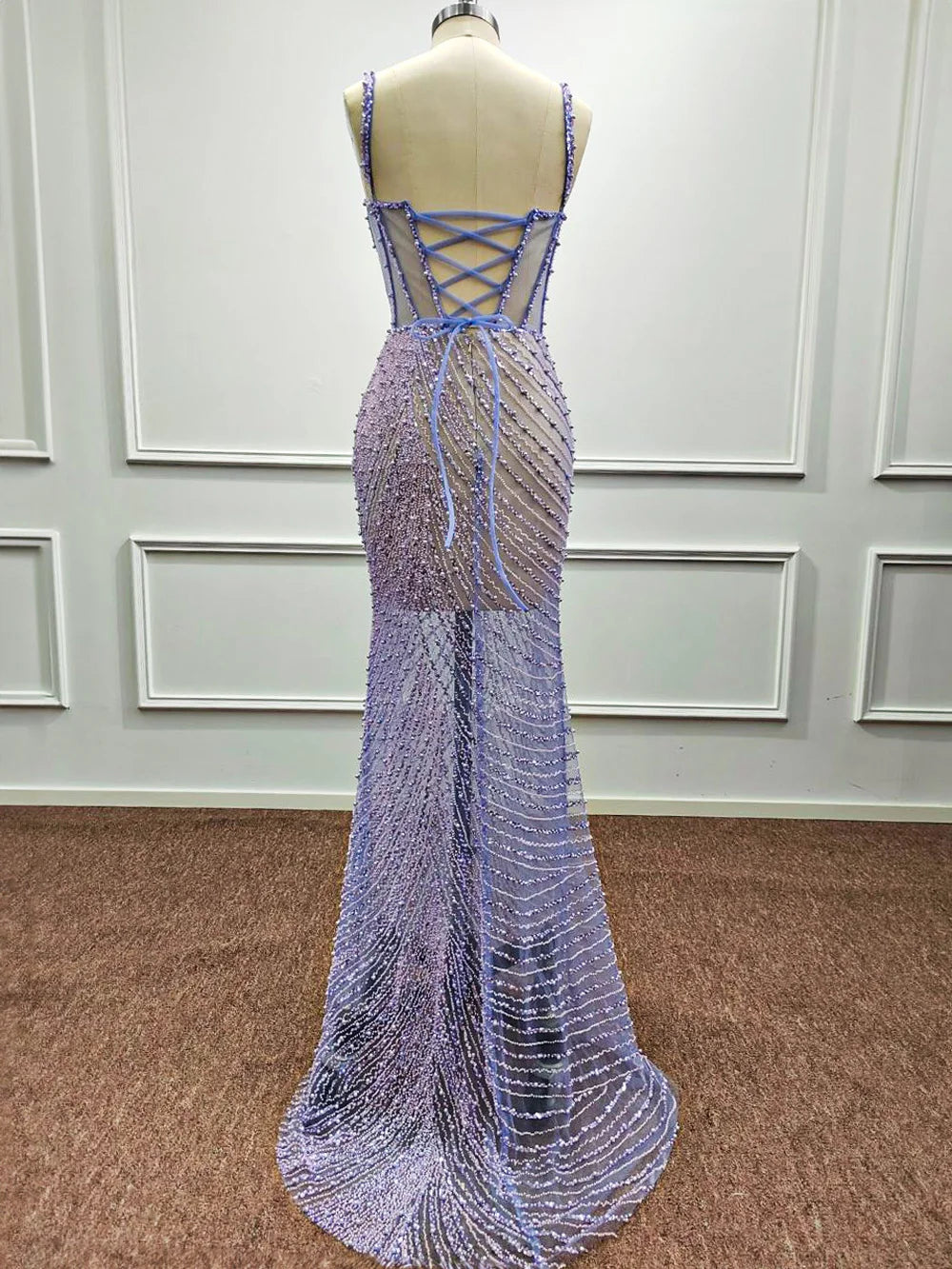 Sequined Pearl Lilac Mermaid Evening Dress Sweetheart Beaded Spaghetti Straps Elegant Luxury Long Formal Prom Party Gown Vestido