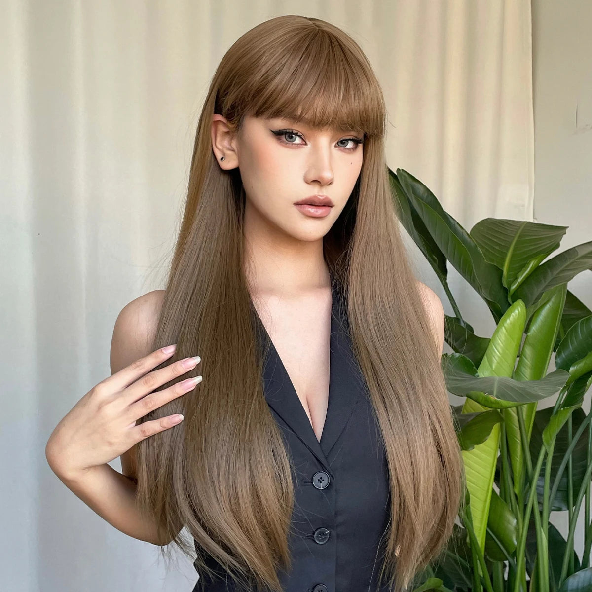 Long Straight Synthetic Wigs Light Brown Hair with Bangs Natural Brown Wig for White Women Heat Resistant Daily Party Cosplay