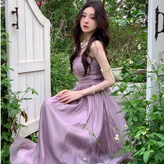 HOUZHOU Fairycore Dress for Women Beach Elegent Spaghetti Strap Purple Long Dresses Tulle Pleats Fairy Party Backless Female