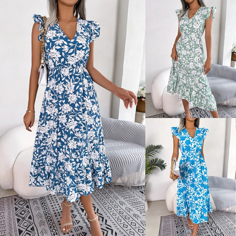 Dresses For Women Summer Print V Neck Sleeveless Dress A Line Beach Midi Dress Robe Female Robe Fashion Ladies Clothes Vestido