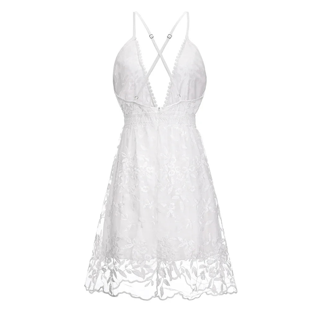 YEAE Summer Sundress White Floral Embroidery Mesh Lace Sexy Backless Beach Dress Clothes For Women 2024 New Arrival  Fashion