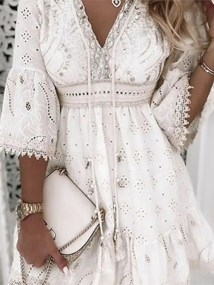 Women Elegant White Hollow Lace Mini Dress Summer V-neck Patchwork Lace Up Three Quarter Sleeve Ladies Vacation Beach Dresses