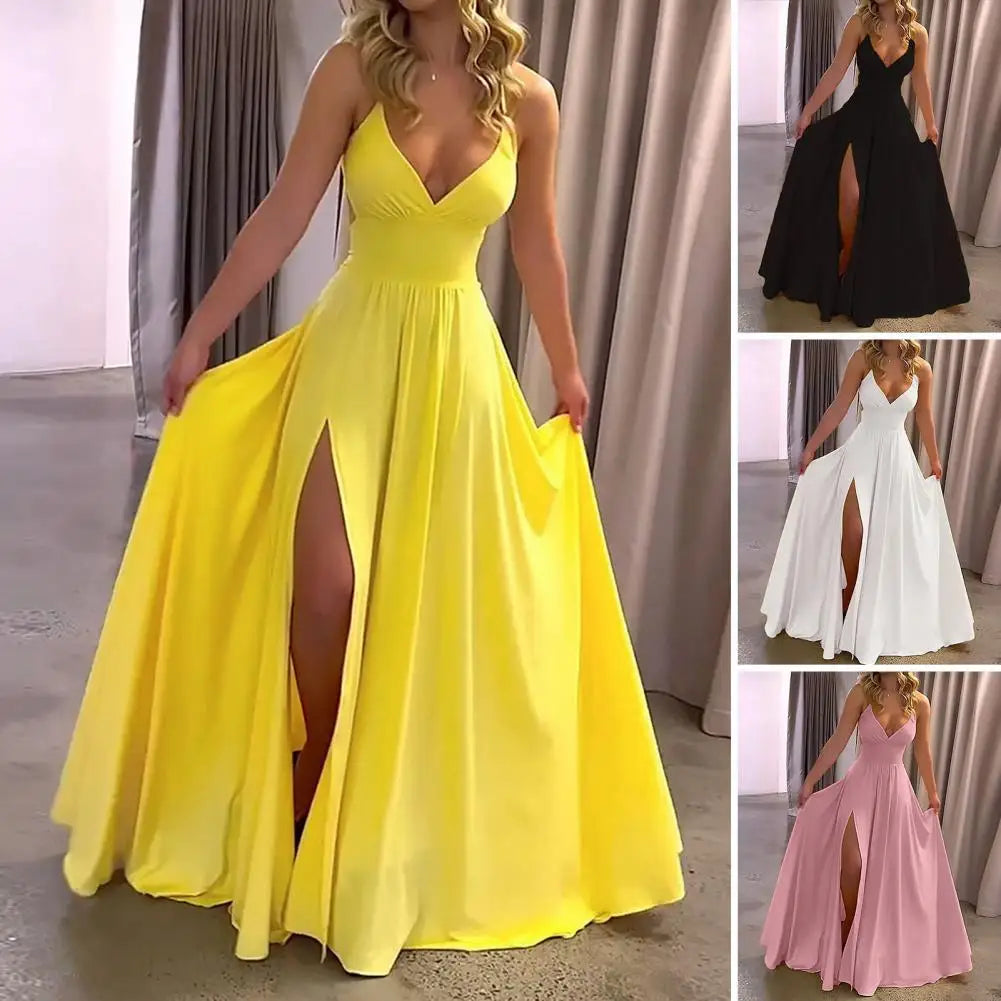 Women Maxi Dress Summer Fashion Suspender Solid Sleeveless Off Shoulder Low-cut V Neck Slit Slim Party Dresses High Streetwear