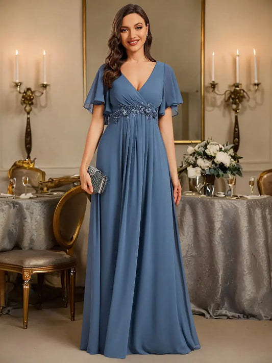 Elegant Evening Dresses Deep V Neck Appliques Pleated Floor-Length 2024 BAZIIINGAAA of Chiffon Dusty Navy Bridesmaid Dresses