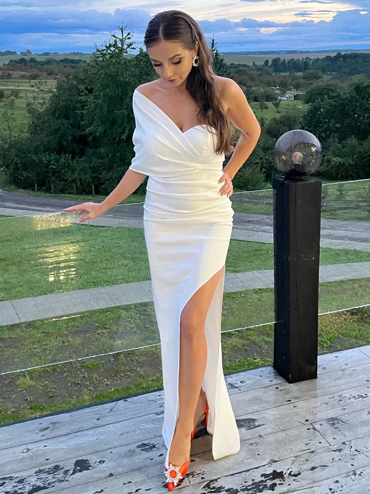 Romagic Women One Shoulder White Wedding Dress Stretch Ruched Padded Open Back Slit Maxi Formal Evening Prom Gown Party Dresses