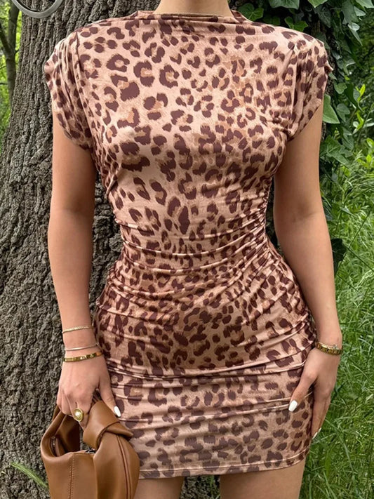 Fashion Sleeveless Leopard Print Short Dress 2024 Woman Clothes Summer High Waist Tunics Folds Package Hip Holiday Beach Dresses