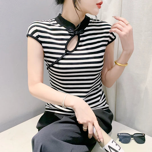 T-Shirt Fashion Sexy Hollow Out Stand Vintage Clasp Stripe Women