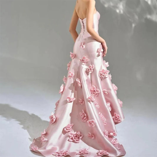 Prom Dress فساتين السهرة   3D Flowers Sweetheart Satin Formal Occasion Women 2023 New Evening Gown Arab Saudi فستان حفلة موسيقية