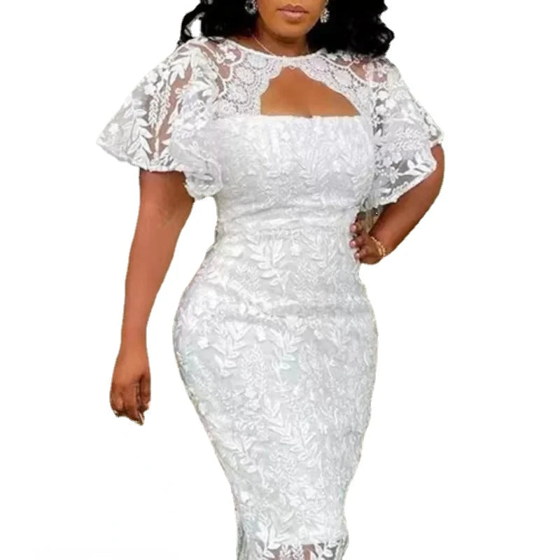 Elegant Party White Long Dress Temperature Fit Lace Round Neck Open Solid Color Chest Slim Sexy  African Fashion Maxi Dress