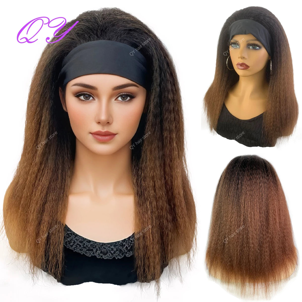 Synthetic Wig African Women Yaki Straight Headband Wigs Black Medium Length Hairstyle Women's Wig Daily Ladies Turban Wig