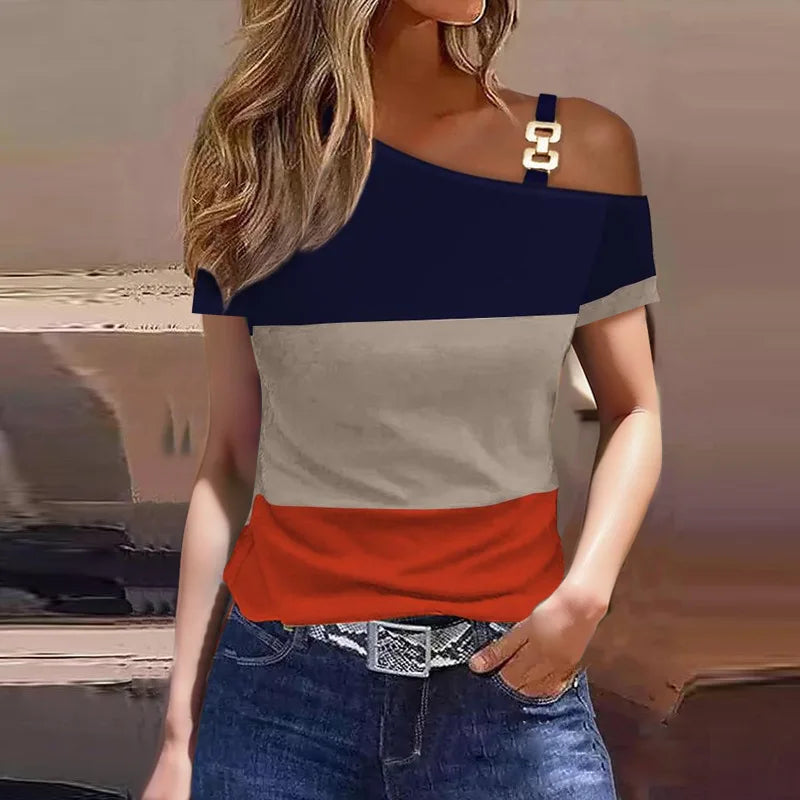 Stripe One Shoulder Short Sleeve Casual Blouse Tops T-shirt