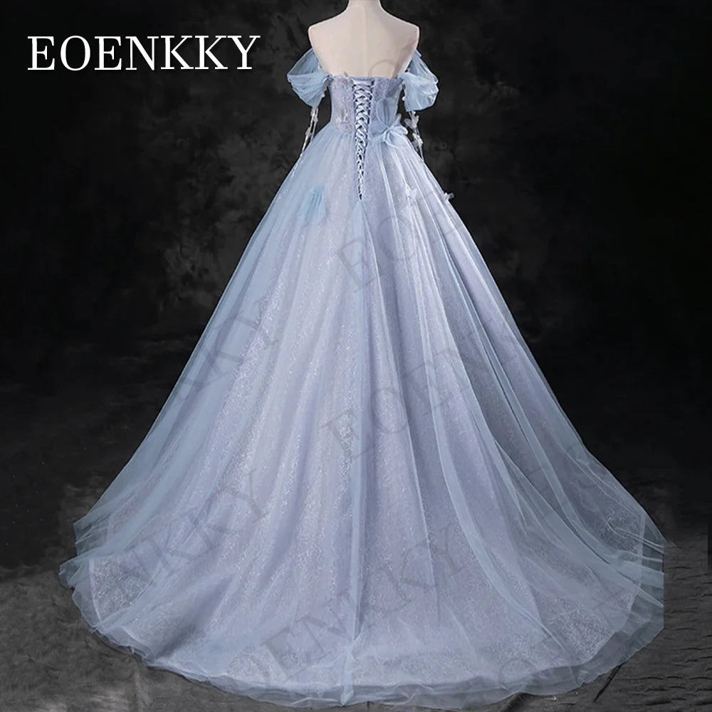 Blue Off Shoulder Princess Prom Dress Sparkly Beading Celebrity A Line Pearls Birthday 3D Flowers Evening Gown вечернее платье