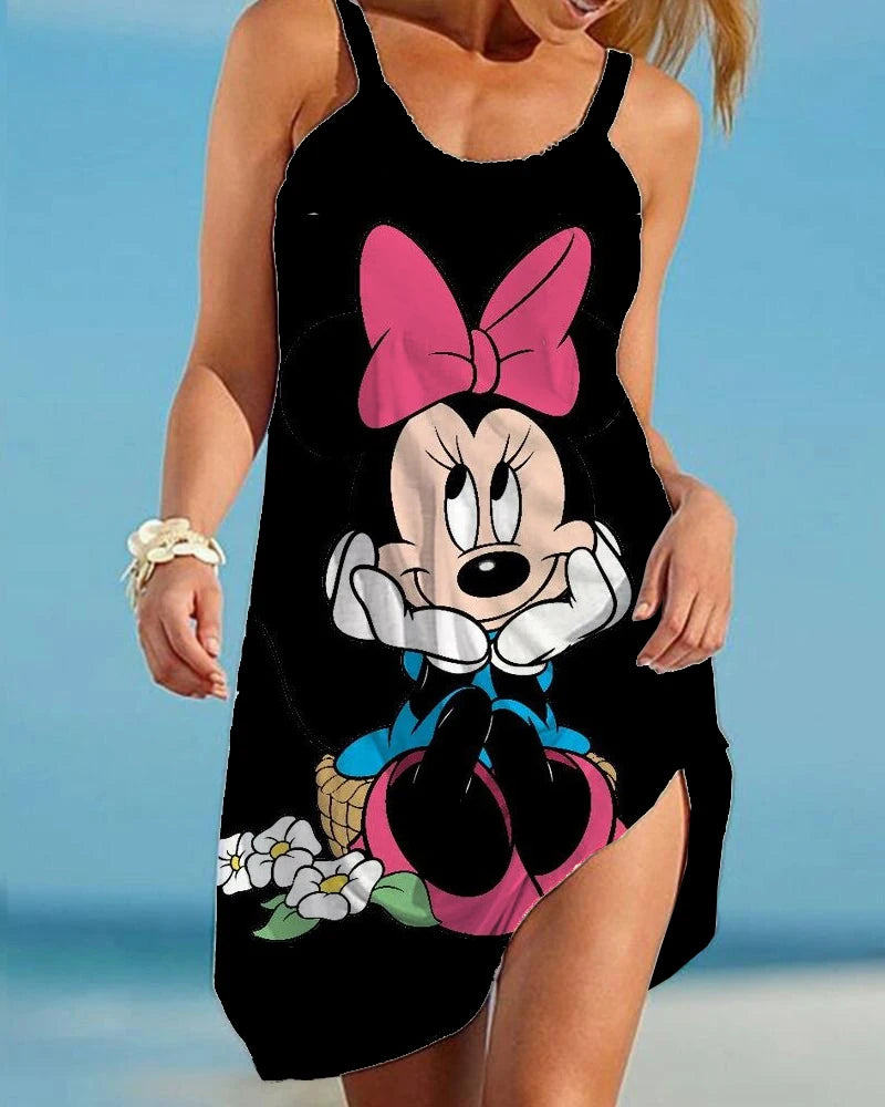 Disney Minnie Cartoon Print Boho Dress for Women Fashion V Neck Sleeveless Dresses Summer Hem Loose Beach Dress Elegant Dress