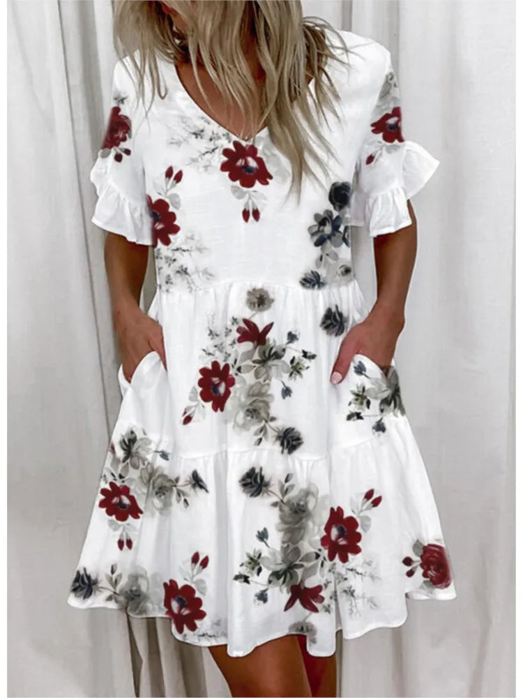 Summer Fashion Ruffles V-Neck Loose Mini Dresses Women Elegant Short Sleeve Pockets Floral Print Dress 2024 Casual Beach Dress