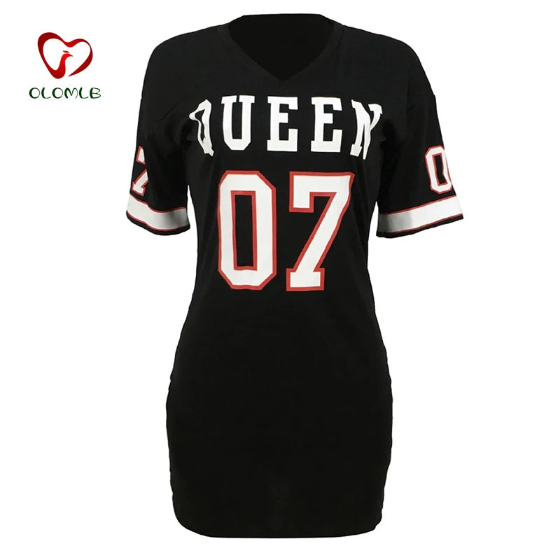 T Shirt Dress Women Short Dress Hip Hop Queen Printed Long T Shirt Loose V Neck Sexy Mini Dress Robe Camiseta Vestidos