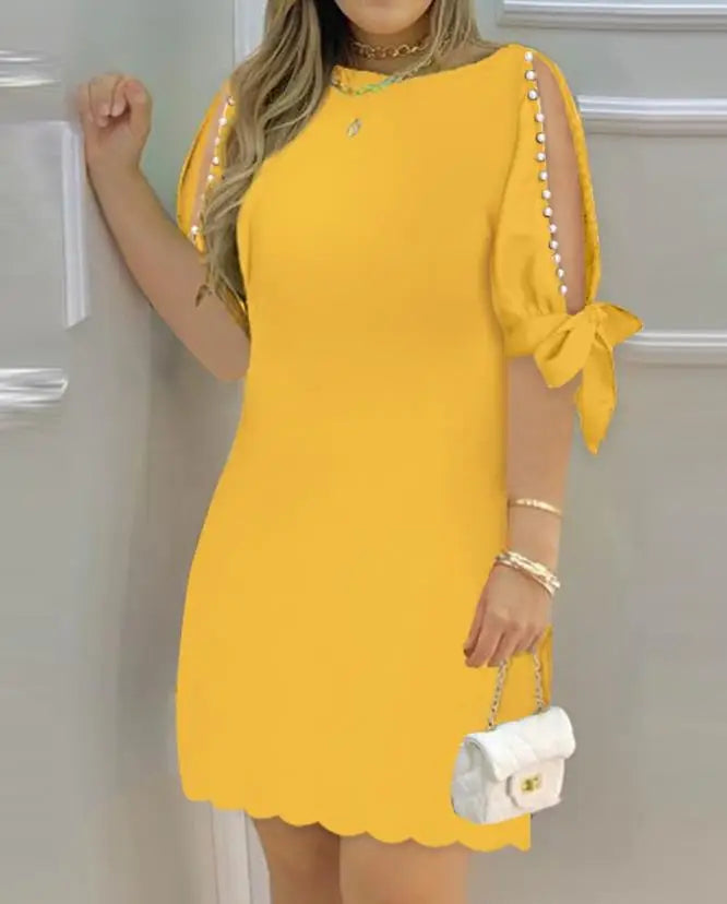 Women's Dresses 2023 Summer Fashion Pearls Decor Split Sleeve Casual Boat Neck Plain Half Sleeve Daily Vacation Mini Dress