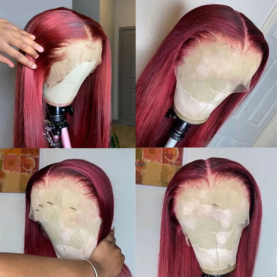 13x4 HD Lace Front Wig Human Hair Wigs 99J Red Burgundy Colored HD Transparent Pre Plucked Lace Frontal Human Hair Wigs Straight