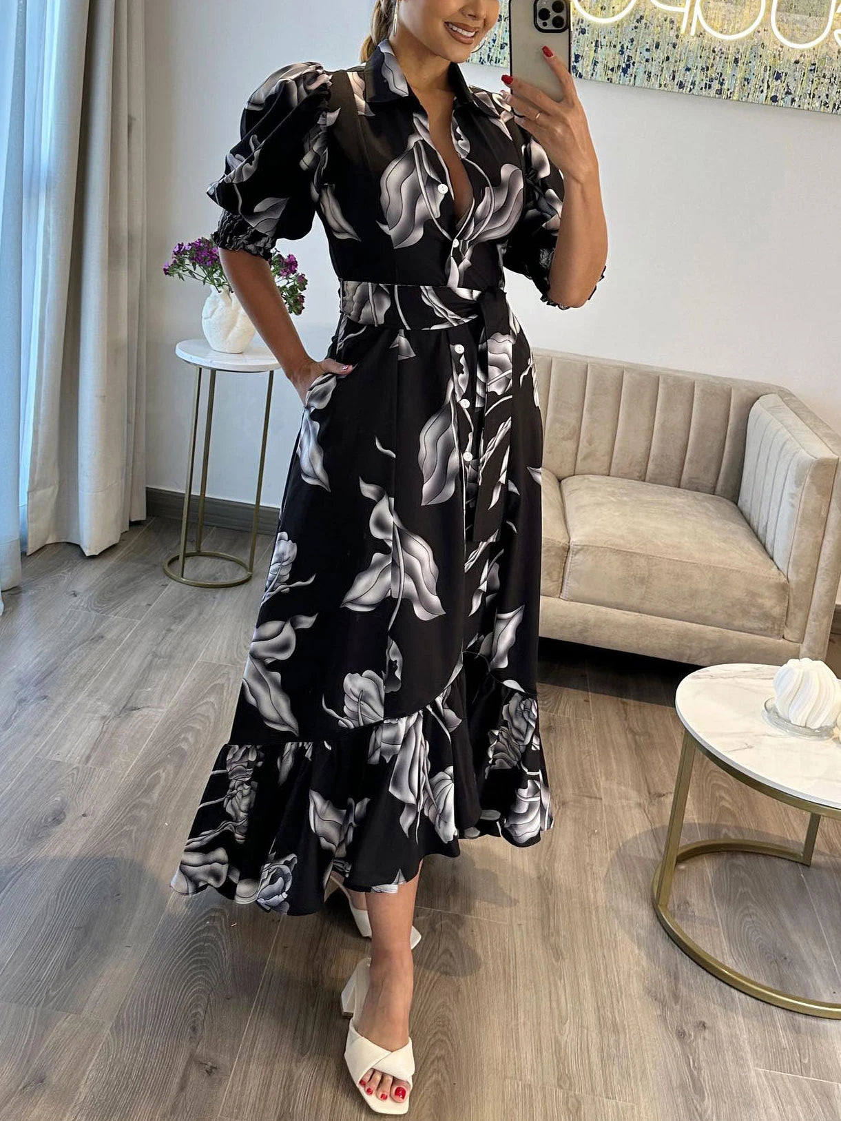 Women Floral Print Long Dress Summer Casual  Turn-down Collar Half Sleeve Loose Big Swing Dress Female Vintage  Beach Maxi Dress