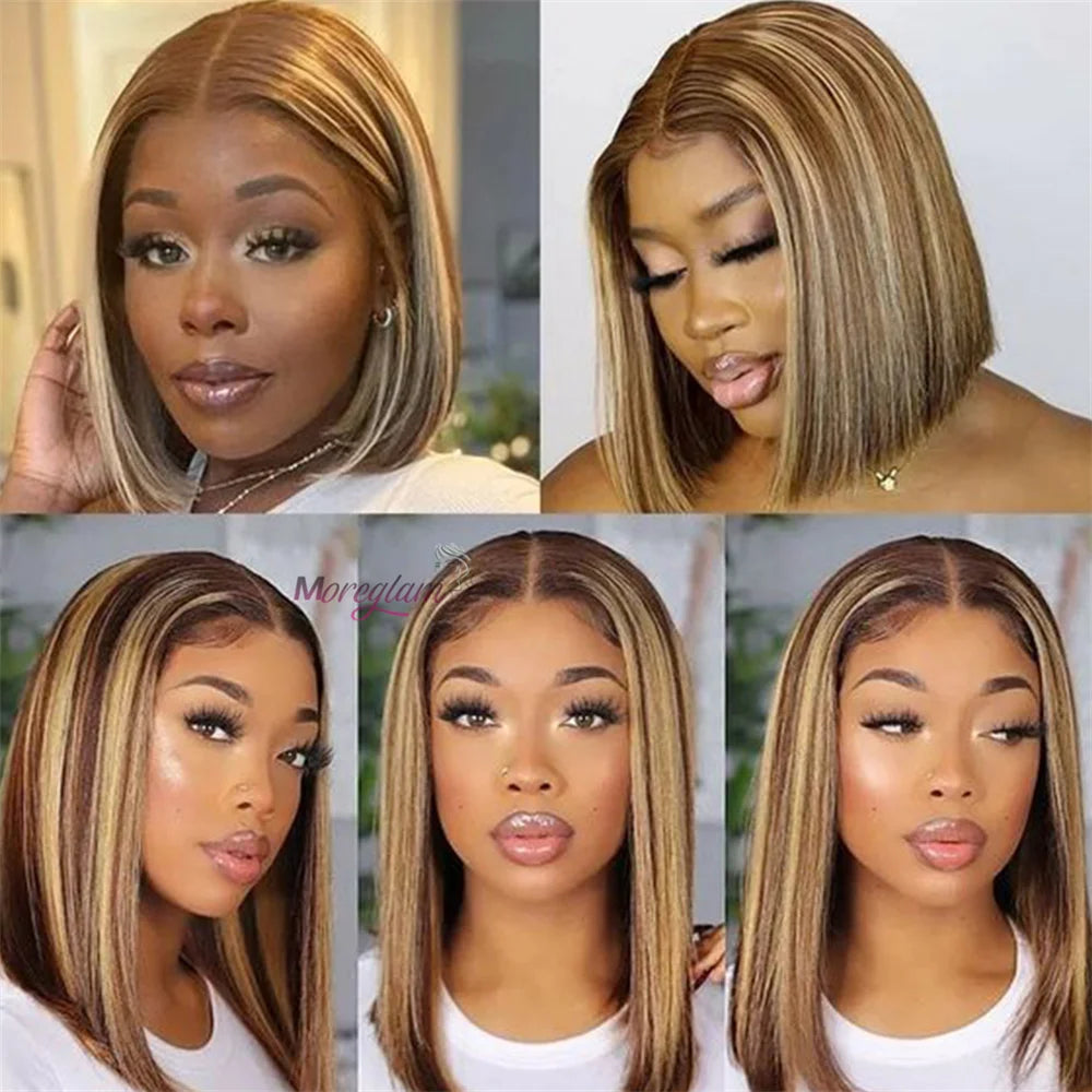 Glueless Human Hair Highlight Edges Brown Straight Short Bob Wig 5x5 Lace Front Wigs Preplucked Lace Closure Wig