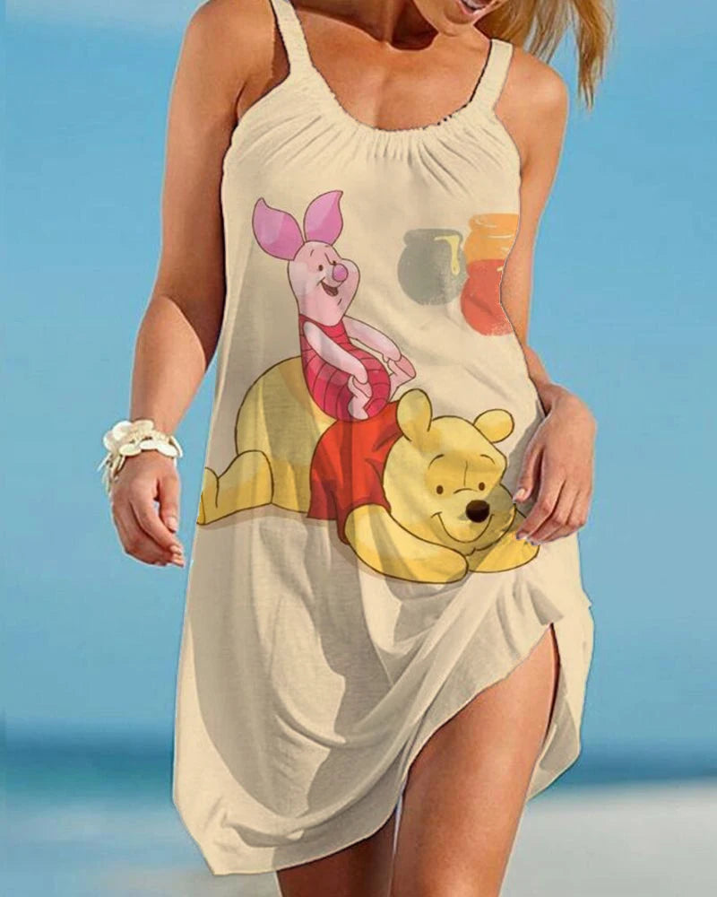 Summer Disney Winnie the Pooh Mini Dress Sexy Spaghetti Strap Backless Dress Beach Ruffle Sleeveless Sundress Women Party Dress