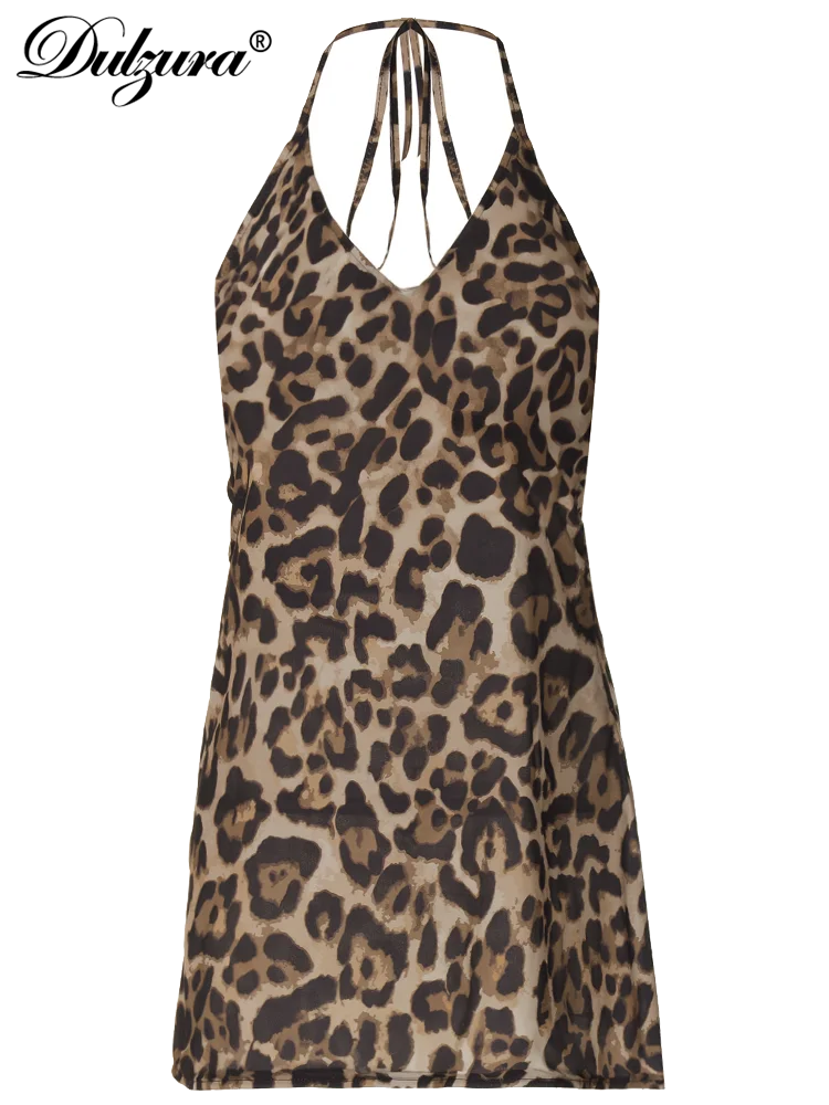 Dulzura Leopard Print Spaghetti Halter Mini Dress Backless 2024 Summer Women Party Club Y2K Clothes Streetwear Bodycon Birthday