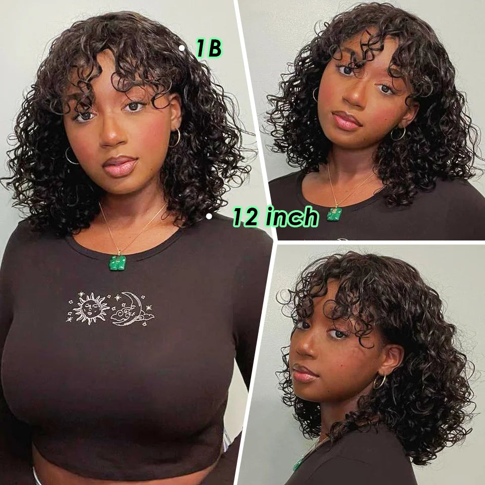 Brown color Short Pixie Curly Bob Cut Human Hair Wigs With Bangs Weat to go Jerry Curly Wig Highlight Colored Wigs For Women