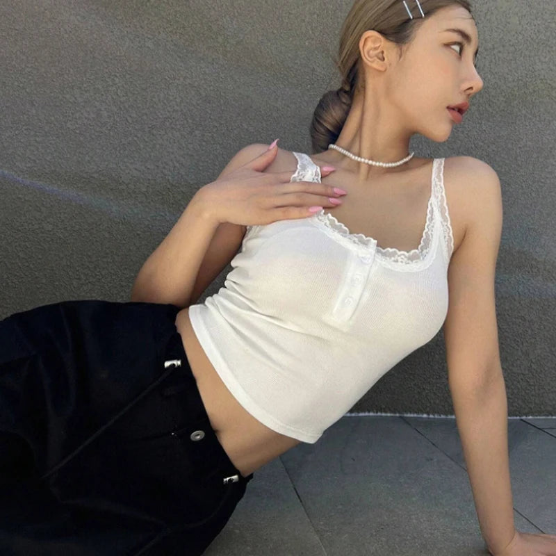 Lace Tank Top Women Cropped Cute Sweet Camis Sexy Slim White Crop Tops Female Korean Sleeveless Vest Summer 2024 New Y2k Clothes