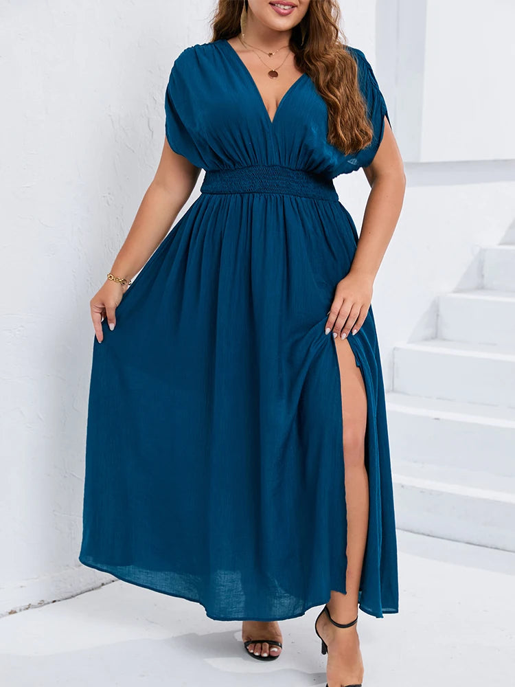 Plus Sized Clothing Fashion Batwing Sleeve Maxi Dress Pocket Casual V Neck Dress Split Ruched Tie Back Summer Elegant Dress