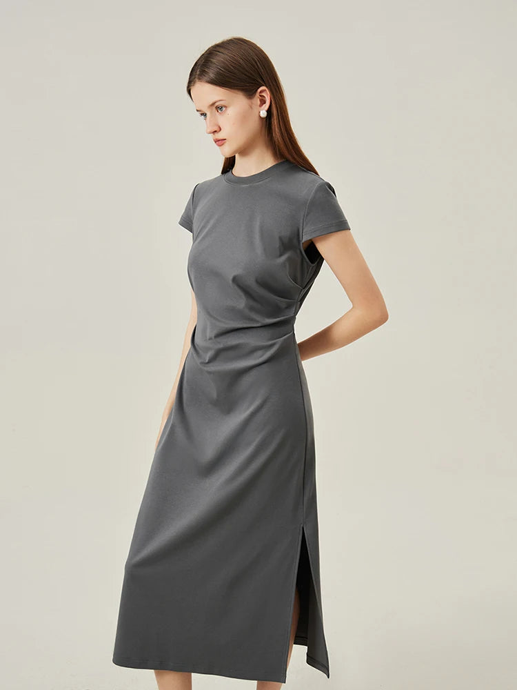 FSLE T-Shirt Dress Short Sleeve Long Spilt Grey Sleeveless Dresses Pleated A-LINE Dress 24FS12440+24FS12883