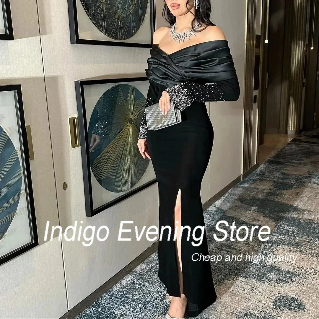 Indigo Evening Dresses Off Shoulder Beads High Slit Women Formal Party Dress 2024 فساتين الحفلات Vestido Para Graduación