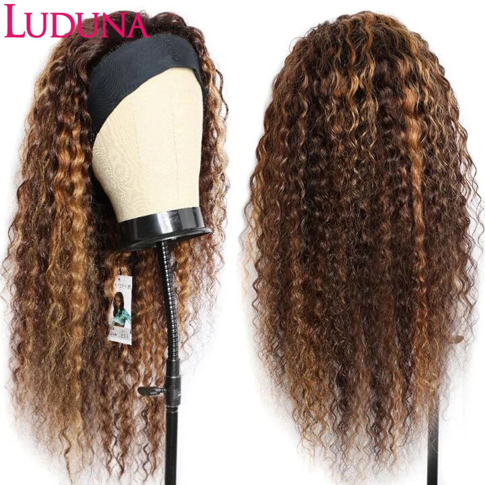 Luduna Headband Wig Human Hair Malaysian Water Wave Human Hair Wigs 180% Highlight Headband Wigs 8-30 Inch Curly Wigs On Sale