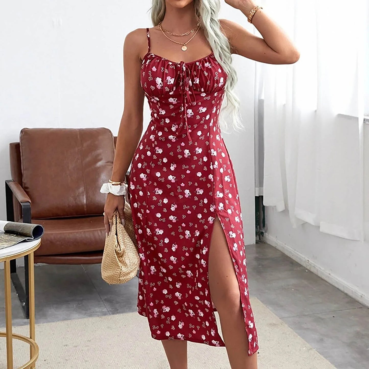 Casual Lace-Up Floral Print Summer Dress Sexy Strappy Hight Split Boho Dresses Backless Holiday Sundresses Women Robe Femmes