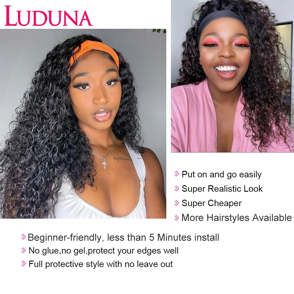 Luduna Water Wave Headband Wig Brazilian Curly Headband Wig Human Hair 30 Inch Glueless Machine Made Wigs For Women Human Hair