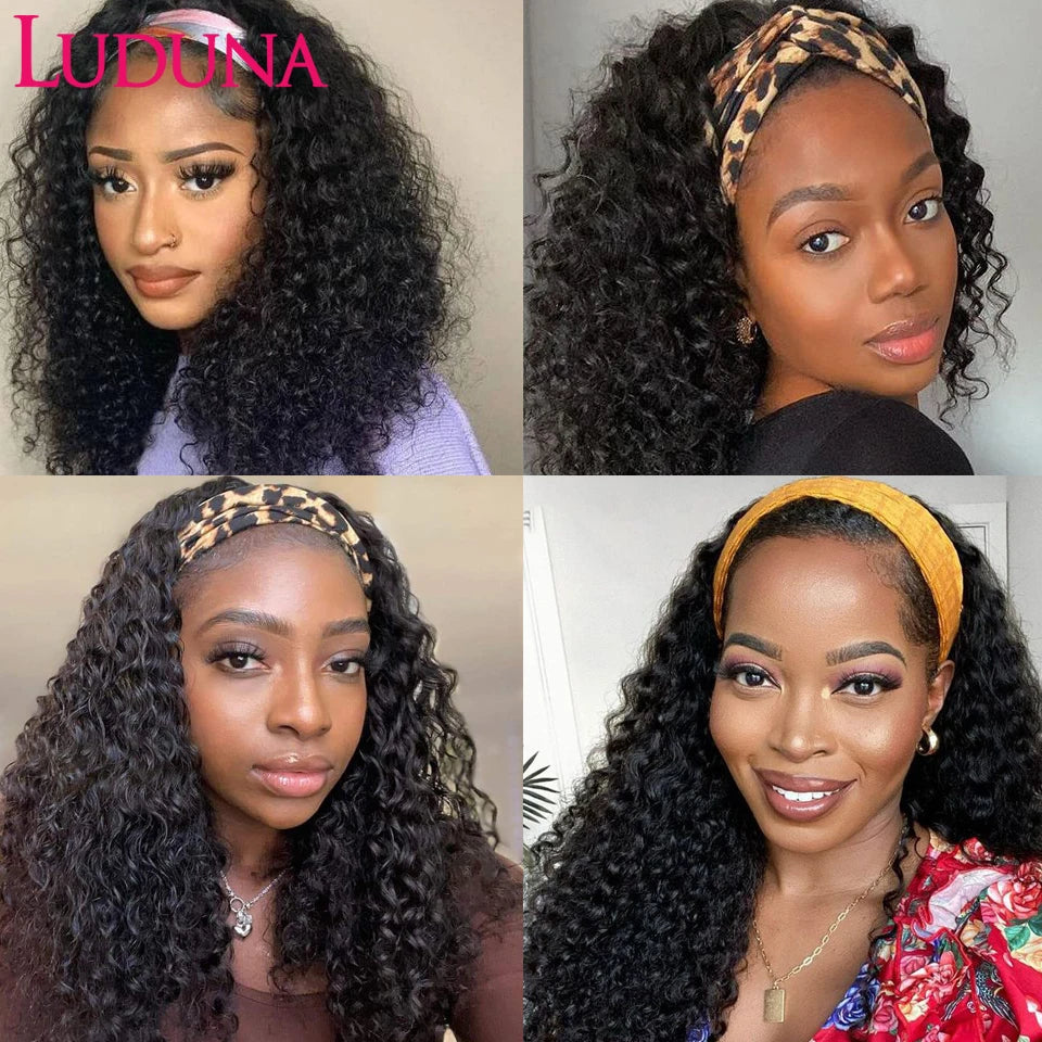 Luduna Headband Wig Human Hair Malaysian Water Wave Human Hair Wigs 180% Highlight Headband Wigs 8-30 Inch Curly Wigs On Sale