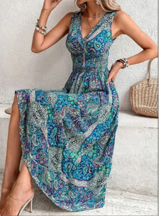 Summer Boho Dress Women Fahsion Sleeveless Print Beach Party Dresses Elegant Casual Holiday Female Dress For Women Robe Femme