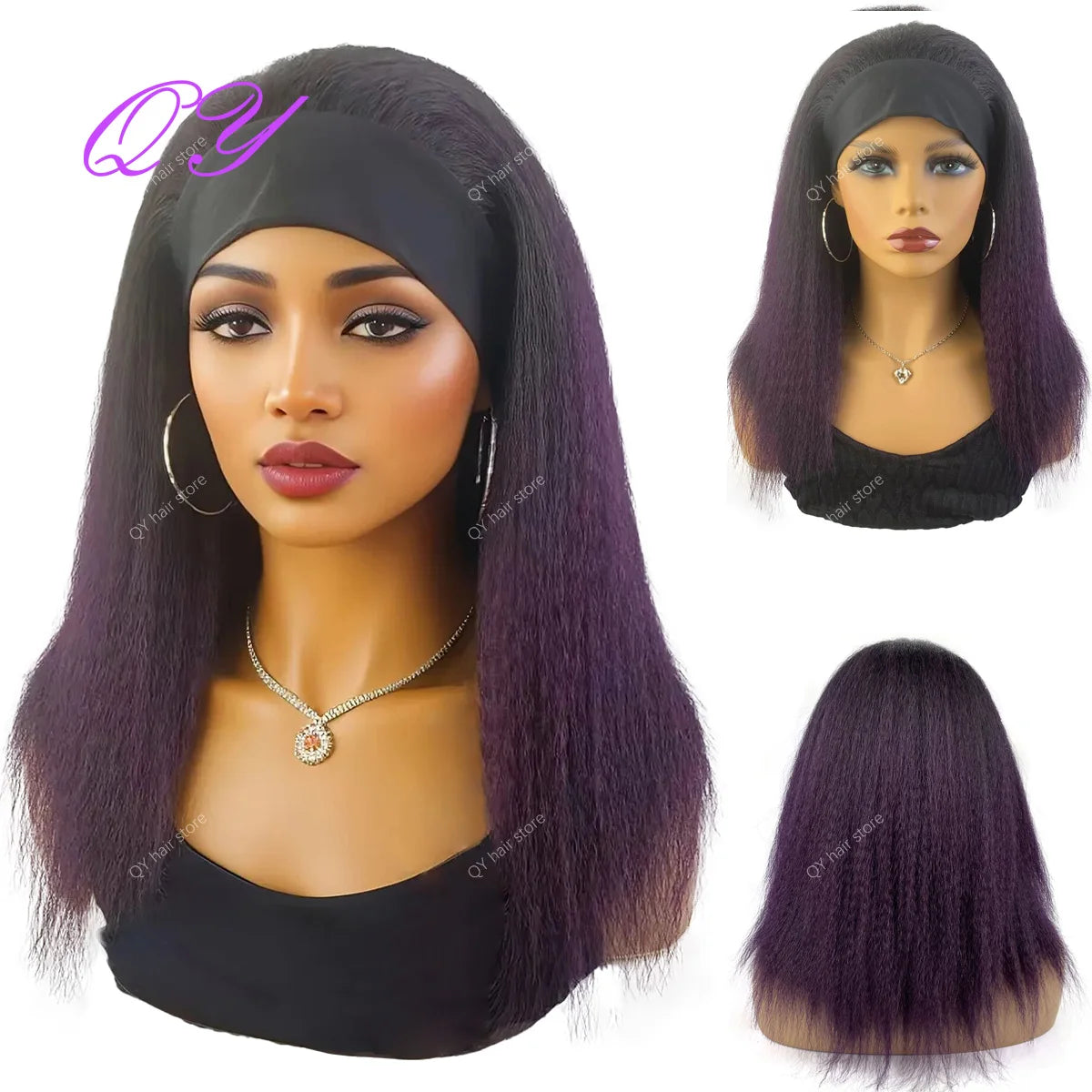 Synthetic Wig African Women Yaki Straight Headband Wigs Black Medium Length Hairstyle Women's Wig Daily Ladies Turban Wig