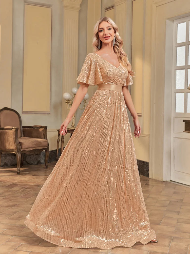 XUIBOL Elegant V Neck Short Sleeves Gold Evening Dresses Women Sequins Wedding Party A-line Prom Maxi Cocktail Dresses Gown