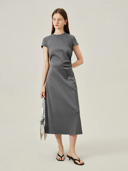 FSLE T-Shirt Dress Short Sleeve Long Spilt Grey Sleeveless Dresses Pleated A-LINE Dress 24FS12440+24FS12883