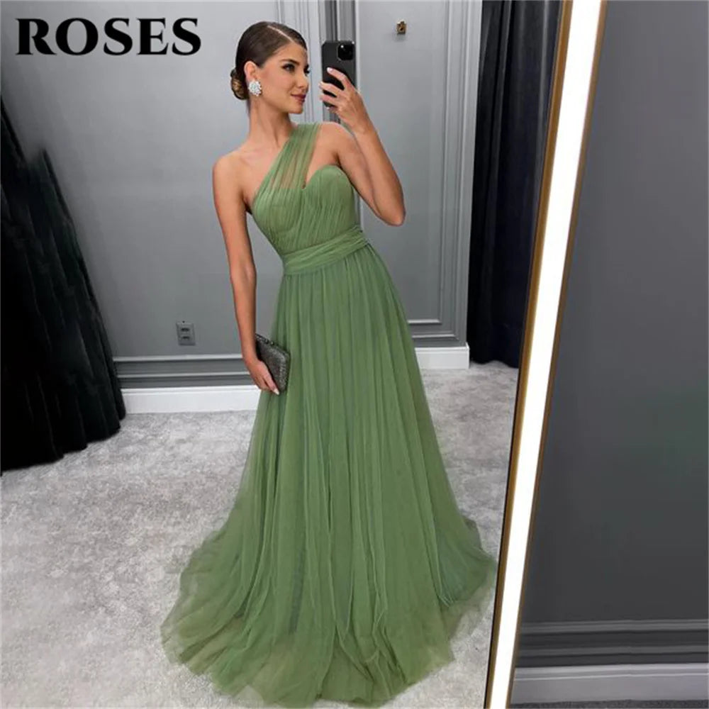 ROSES One Shoulder Prom Gown Net Sage Green Wedding Evening Dress Beach Evening Dress Woman Formal Dresses vestidos de noche