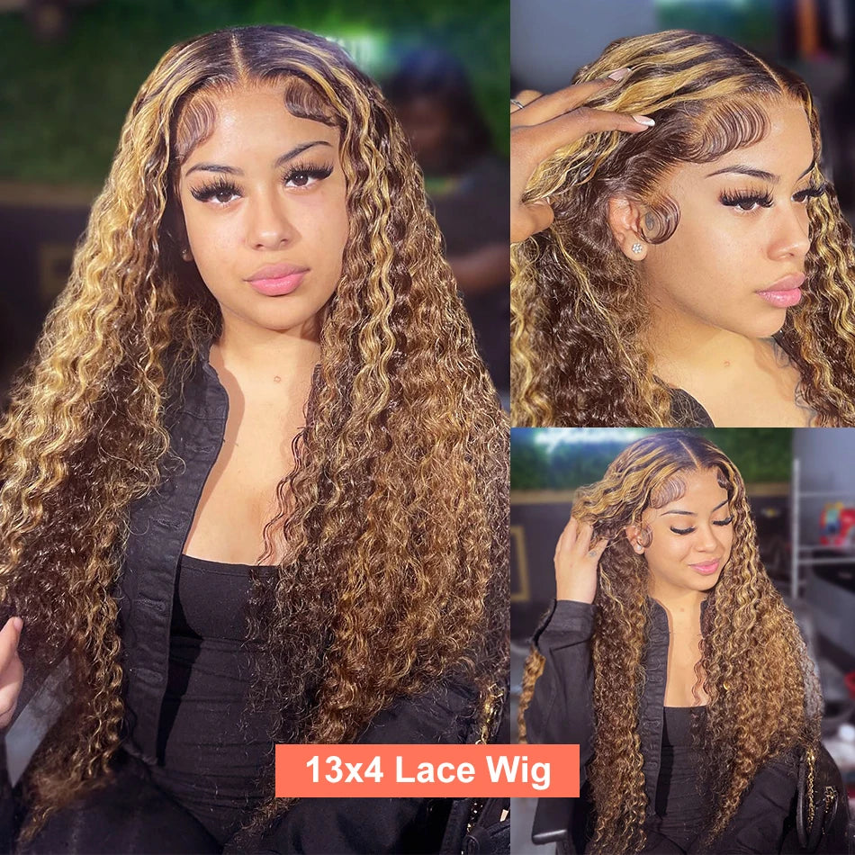 Wiggogo Highlight Wig Human Hair Deep Wave Frontal Wig 13X6 Hd Lace Frontal Wigs Glueless 13X4 Curly Lace Front Human Hair Wig