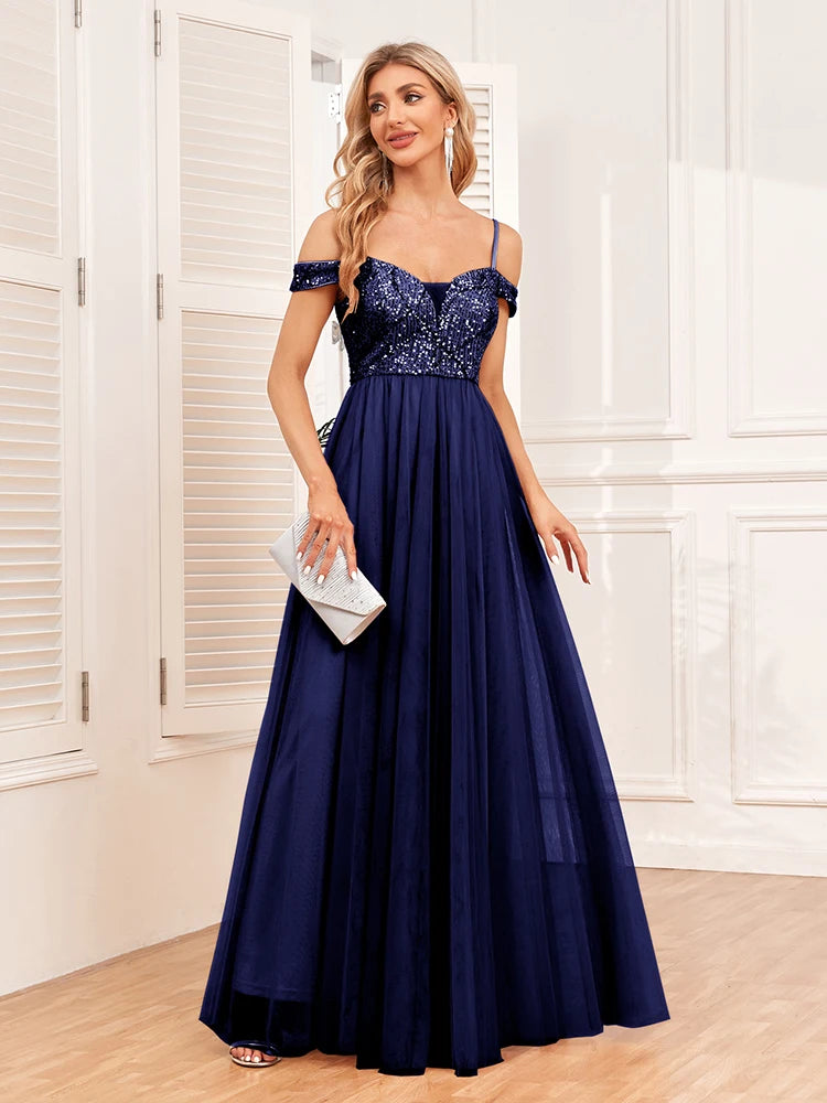 Women's Elegant Spaghetti Strap Sequin Tulle Long Evening Dress A-line Swing  Wedding Bridesmaid Dress