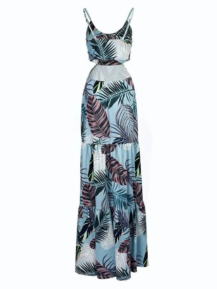 Casual Women's V-neck Pencil Sleeveless Bodycon Long Dress Summer Fashion Floral Spaghetti Strap Back Hollow Out Slim Maxi Dress