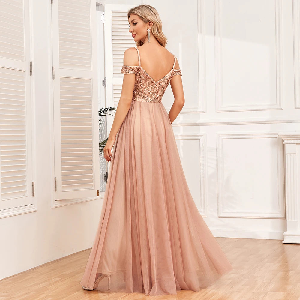 Women's Elegant Spaghetti Strap Sequin Tulle Long Evening Dress A-line Swing  Wedding Bridesmaid Dress