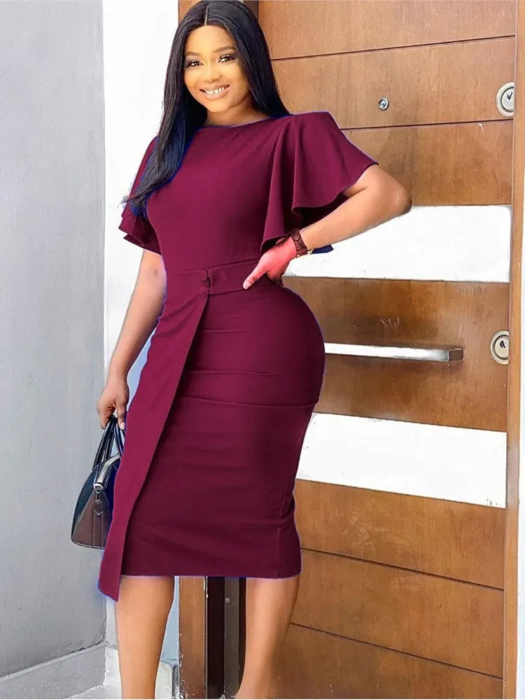 Spring Summer New Solid Color O Neck High Waist Slim Dress Temperament Elegant Lotus Sleeve Office Pullover Dress 2024