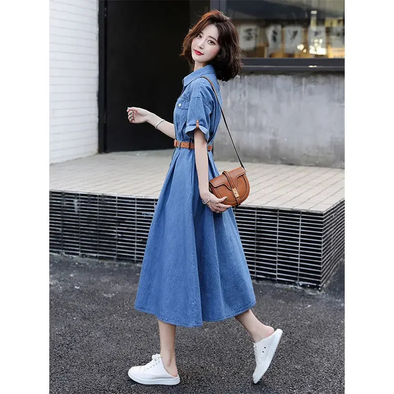 Women's Summer 2023 New French Vintage High Waist Long A-Line Ice Silk Imitation Denim Dress