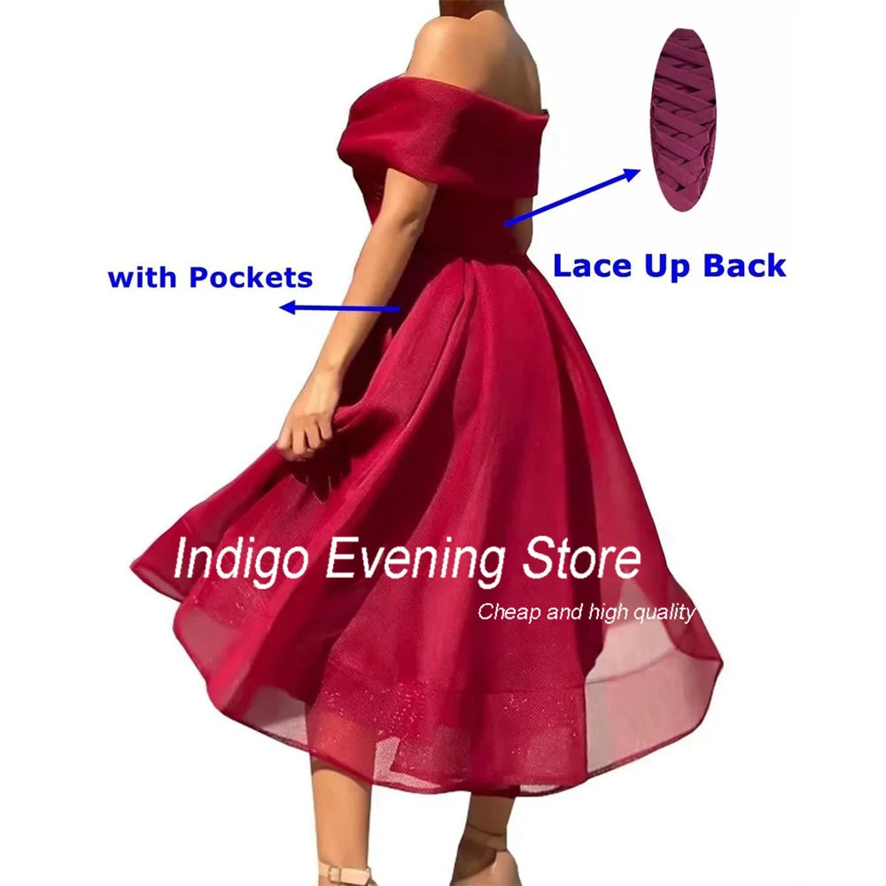 Indigo Prom Dress A-Line Off The Shoulder V-Neck Tea-Length Pleat Simple Pocket Open Back Evening Gowns For Women 2024فساتين الس