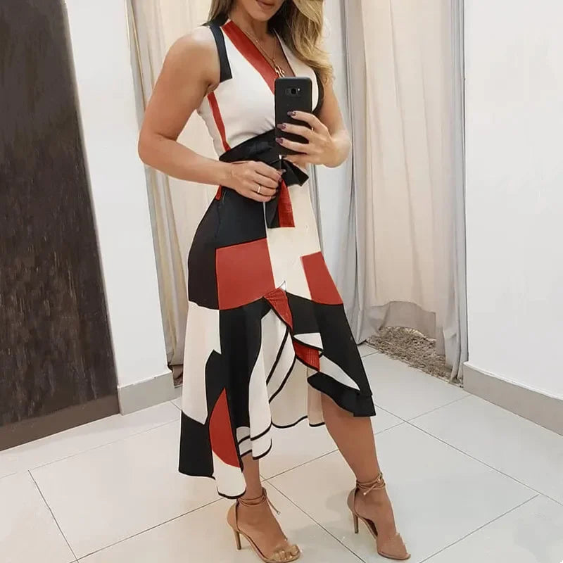 Women's Midi Dress Plus Size Sexy Summer V Neck Empire Belt Tunic 2023 Fashion Geometry Print Irregular Office Ladies Dresses