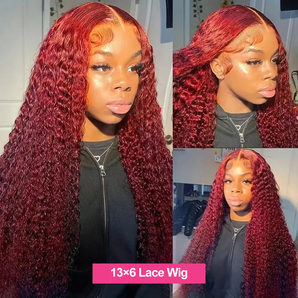 13x4 HD 99J Burgundy Deep Wave Lace Front Wig  250 Density Curly 30 40 Inch 13x6 Lace Frontal Human Hair Wig Red Wine  For Women