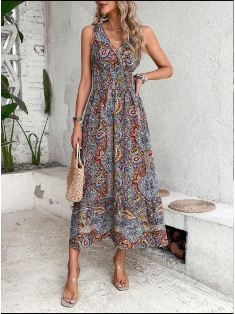 Summer Boho Dress Women Fahsion Sleeveless Print Beach Party Dresses Elegant Casual Holiday Female Dress For Women Robe Femme