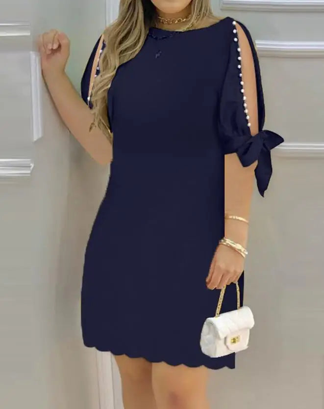 Women's Dresses 2023 Summer Fashion Pearls Decor Split Sleeve Casual Boat Neck Plain Half Sleeve Daily Vacation Mini Dress